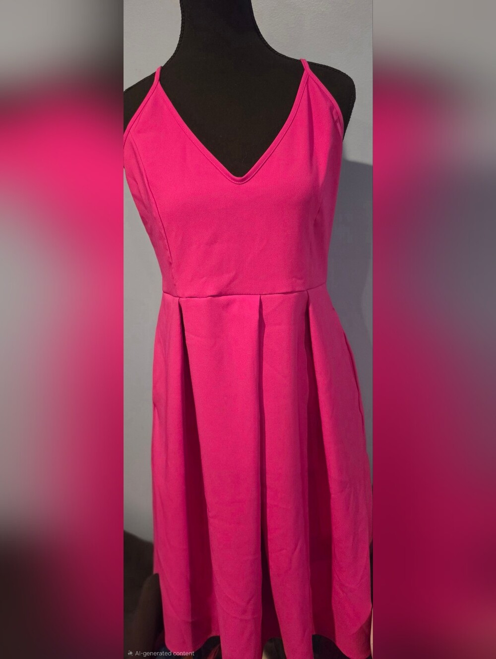 Elia Cher Size Large 12/14 Women's Fuchsia V-Neck Pleated A-Line Dress